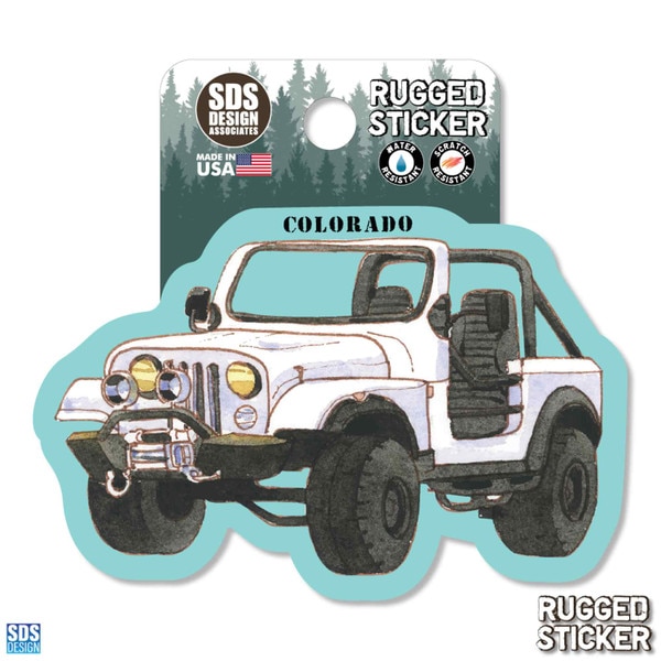 Rugged sticker featuring a watercolor-style illustration of an off-road Jeep with oversized tires and “Colorado” printed above.